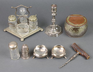 A pair of silver plated table salts and minor plated items