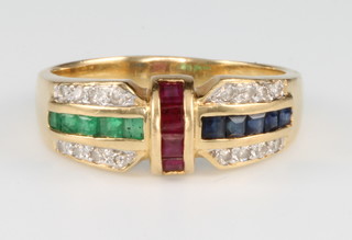 An 18ct yellow gold diamond, ruby, emerald and sapphire cocktail ring, size O