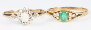 A 9ct yellow gold emerald and diamond ring size S, a ditto opal and diamond ring size U 1/2