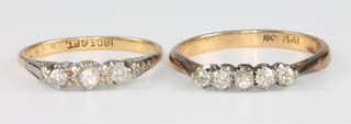 An 18ct yellow gold 3 stone diamond ring size N, a 5 stone ditto size R