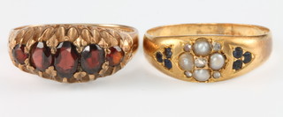 A 9ct yellow gold 5 stone garnet ring size T, an 18ct yellow gold pearl and sapphire ring size V