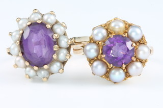 Two 9ct yellow gold amethyst and pearl cluster rings, size L and J