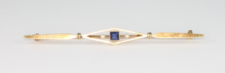 A 15ct yellow gold sapphire and pearl bar brooch