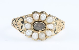 A 19th Century high carat enamelled pearl and hair in memorium ring size P
