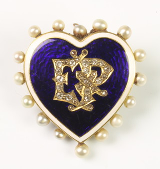 A Victorian yellow gold blue and white guilloche enamel diamond and pearl heart brooch with the monogram E P
