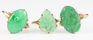 Three 9ct yellow gold jade rings size N