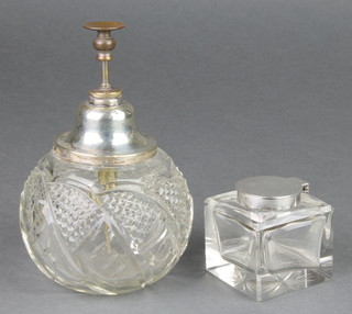 A silver mounted glass inkwell Birmingham 1922, a ditto atomiser 