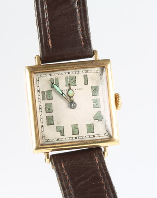A Patek Philippe  wristwatch with square dial, the movement engraved Patek Philippe &  Co. no. 167280 Geneva Switzerland, contained in an 18ct yellow gold square case, stamped Tiffany & Co, the dial inscribed Tiffany & Co with luminous numbers on a leather strap with gold clasp 