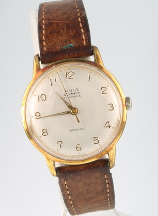 A gentleman's gilt cased Avia Olympic wristwatch with leather strap 