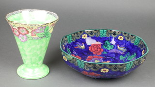 A Maling octagonal blue ground bowl decorated with flowers 362 10", a ditto green ground tapered vase with a band of flowers 481 6 1/5" 