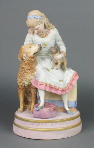 A Victorian bisque figure of a seated girl with dog and puppy inscribed Conquering Jealousy stamped H F Libby Boston Copyrighted 13" 
