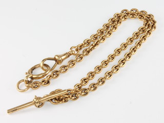 An 18ct yellow gold watch chain with parrot clasp, ring and T bar, 34 grams