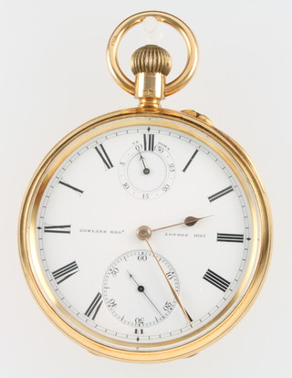 An 18ct yellow gold pocket watch with mechanical movement, calendar and seconds dials, inscribed Gowland Bros. London. 1605, the movement engraved Gowland Bros 48.Cornhill.London. the movement stamped 1605