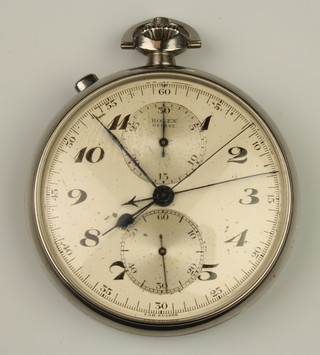 A steel cased Rolex Geneve stopwatch with 2 subsidiary dials and original paper label to the reverse, the case stamped 2885, the movement stamped 88305 