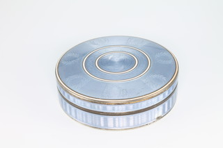 A silver and pale blue guilloche enamel circular patch box by Asprey 3" 