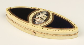 An early 19th Century oval ivory gold mounted and enamelled elliptical patch box with seed pearl oval inlaid "souvenir" 3 1/2"  