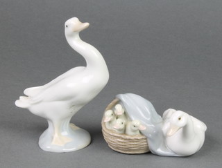 A Lladro group of a goose and goslings in a basket 3 1/2", a ditto figure of a goose 5" 