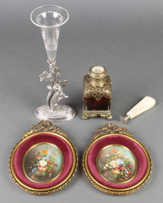 A Victorian gilt metal mounted square ruby glass scent bottle with painted cathedral lid 4", a silver plated single epergne with squirrel base, 2 modern oval miniature still life studies in gilt frames and a seal with mother of pearl handle