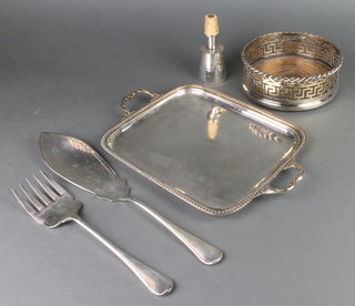 An Asprey silver plated spirit measure, ditto coaster, pair of fisher servers and a 2 handled tray 