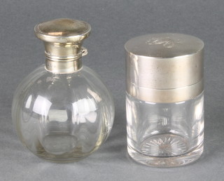 An Edwardian silver mounted toilet jar Birmingham 1905, ditto globular scent bottle