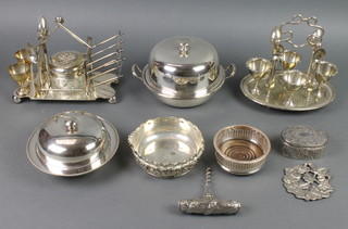 A silver plated muffin dish and cover and minor plated items