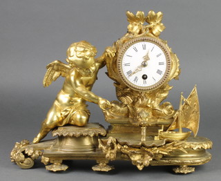 A French 19th Century timepiece with enamelled dial contained in a gilt ormolu case supported by a figure of a cherub by boating lake with yacht 