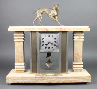 An Art Deco French 8 day striking mantel clock with silvered dial and Arabic numerals contained in a 2 colour marble case surmounted by a spelter figure of a greyhound (f) 