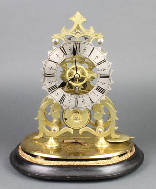 Alex Sanders, a Victorian fusee skeleton timepiece with silvered dial and Roman numerals complete with glass dome, base signed Alex Sanders Newbury 