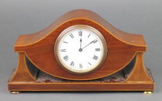 A Swiss 8 day bedroom timepiece with enamelled dial and Roman numerals, contained in a shaped inlaid mahogany case, the dial marked Collingwood 
