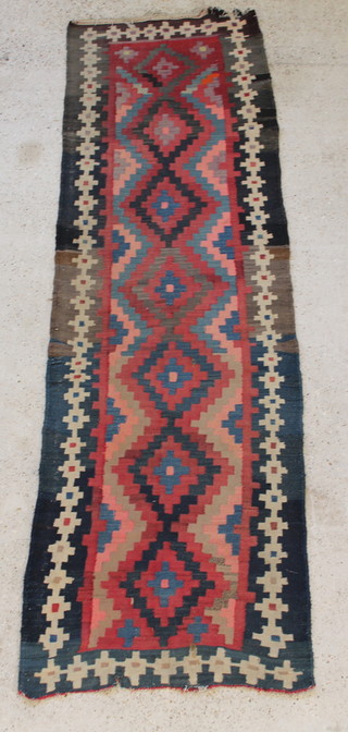 An Afghan blue and red ground Kilim runner 118" x 36" 