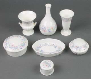 A Wedgwood Angela pattern vase 5", a smaller ditto, an urn shaped vase, a lidded box and cover, shell shaped dish, circular box and cover and pin tray 