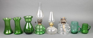 A Victorian green glass table lamp 12", 2 other lamps and 5 items of green glassware