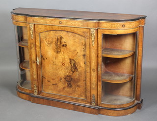 A Victorian walnut Credenza, the centre section enclosed by an arched panelled inlaid mahogany door flanked by a pair of bow front cupboards, with gilt metal mounts throughout 38"h x 59"w x 15"d 
