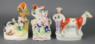 A Victorian Staffordshire spill vase in the form of a man standing behind a bull 6", 2 other ditto spill vases 