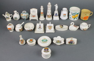 A circular Goss beaker decorated oranges 3", a small Goss mug decorated cottage poppies 3" and other items of crested china 