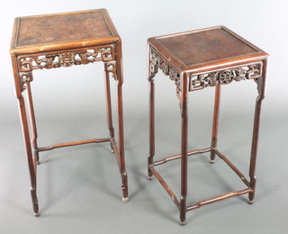A nest of 2 square carved Chinese Padouk wood coffee tables 28"h x 15"w x 15"d and 26"h x 13"w x 13"