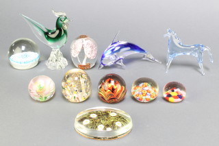 A Studio glass figure of a dolphin 6", 2 other glass animals and 8 modern paperweights