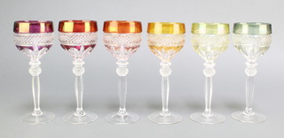 A set of 6 multi coloured glass hocks 