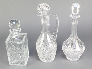 A cut glass square spirit decanter and stopper 10", a mallet ditto 13" and a ewer 13" 