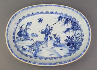 An 18th Century Chinese blue and white rounded rectangular dish decorated with figures in a garden 11" 