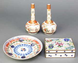 An 18th Century Chinese dish with stylised flowers 6", a pair of Kutani bottle vases decorated with figures 6" and a cloisonne rectangular box decorated with peony 4 1/2" 