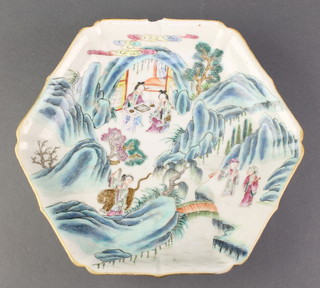 A 20th Century Chinese hexagonal dish decorated with figures in mountain landscapes 9" 