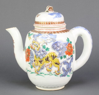 A Chinese Imari style teapot, the moulded decoration with Shi Shi amongst flowers 9" 