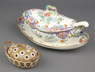A 19th Century Spode oval 2 handled tureen and cover with stand, decorated with flowers, together with a Spode ladel and an oval Spode pot pourri 4"  