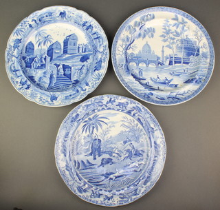 A 19th Century Spode blue and white plate "Death of the Bear" 10", a ditto plate with graveyard view 10" and a ditto with Continental landscape and figures 10" 