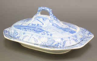 A 19th Century Spode blue and white dish and cover decorated with country scenes, figures and cattle 
