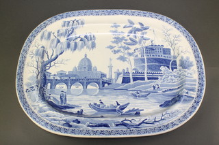 A 19th Century Spode blue and white meat plate with London Thames river scene with St Paul's Cathedral, Nelson's Column and The Tower of London 16 1/2" 