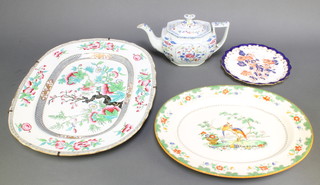 A Spode teapot decorated with flowers, 2 ditto meat plates and a Royal Doulton plate