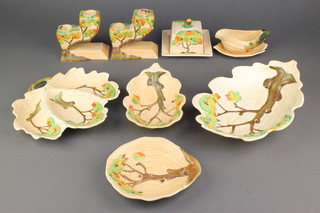 A pair of Carlton Ware 2 tier candlesticks with Autumn leaves 4 1/2", a ditto butter dish and cover, a dish, a 3 section dish, 2 oval dishes, a sauce boat and stand  