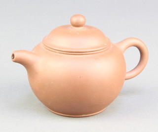 A Tan ware baluster teapot of simple form with impressed mark to the base and lid 5" 